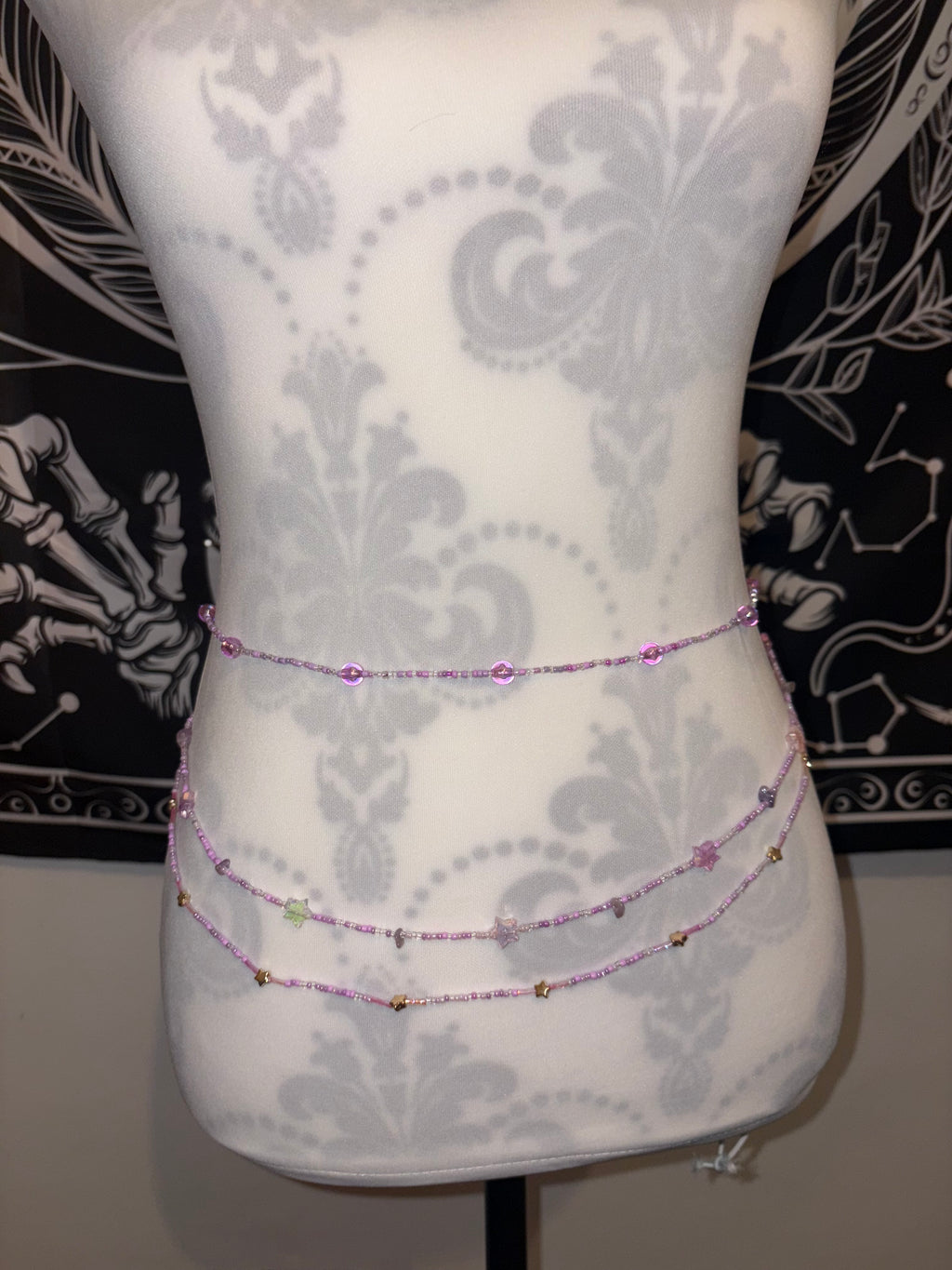 Handmade Amethyst Beaded Waist Chain: Gold Theme, Triple Layer (26inches)