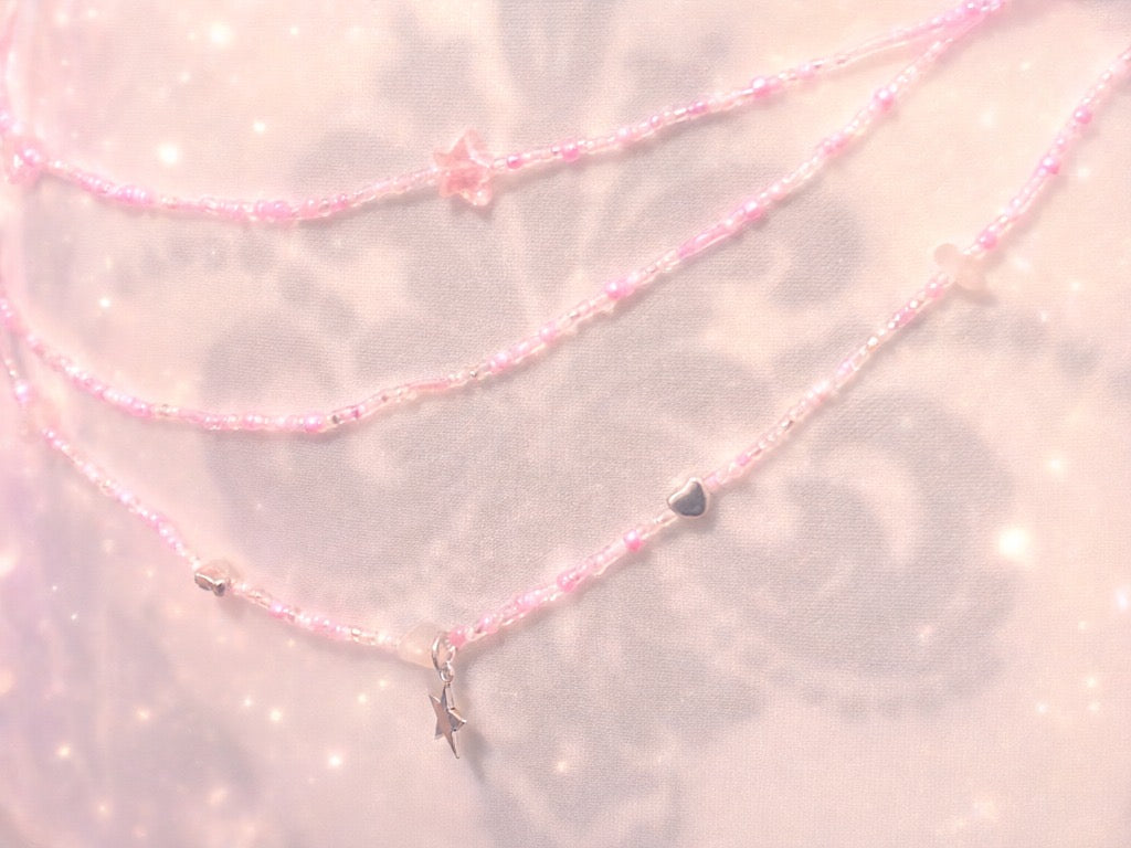 Handmade Pink Beaded Waist Chain with Rose Quartz, Silver Theme (42 inches)