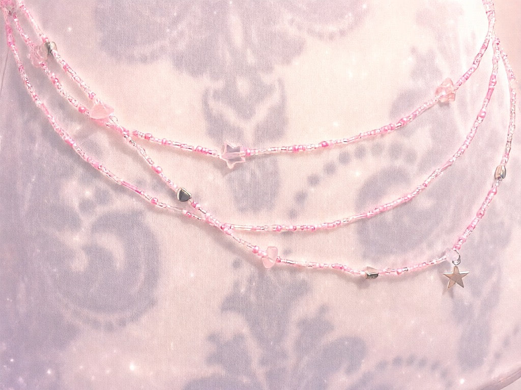 Handmade Pink Beaded Waist Chain with Rose Quartz, Silver Theme (42 inches)