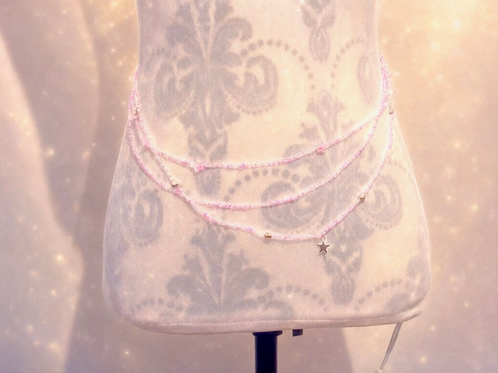 Handmade Pink Beaded Waist Chain with Rose Quartz, Silver Theme (42 inches)