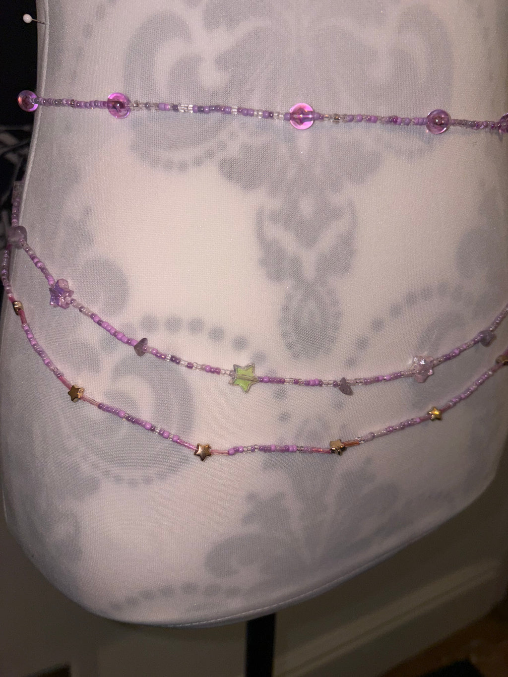 Handmade Amethyst Beaded Waist Chain: Gold Theme, Triple Layer (26inches)