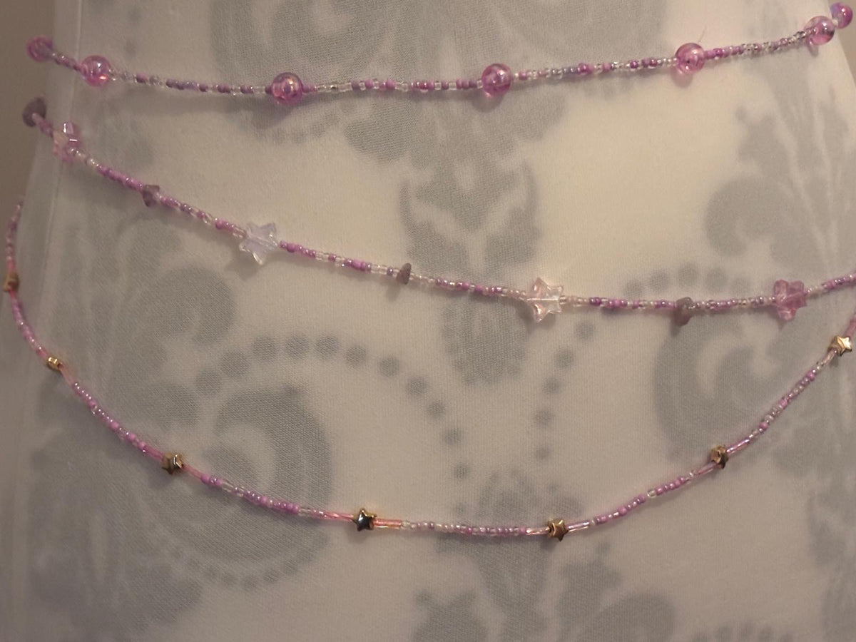 Handmade Amethyst Beaded Waist Chain: Gold Theme, Triple Layer (26inches)