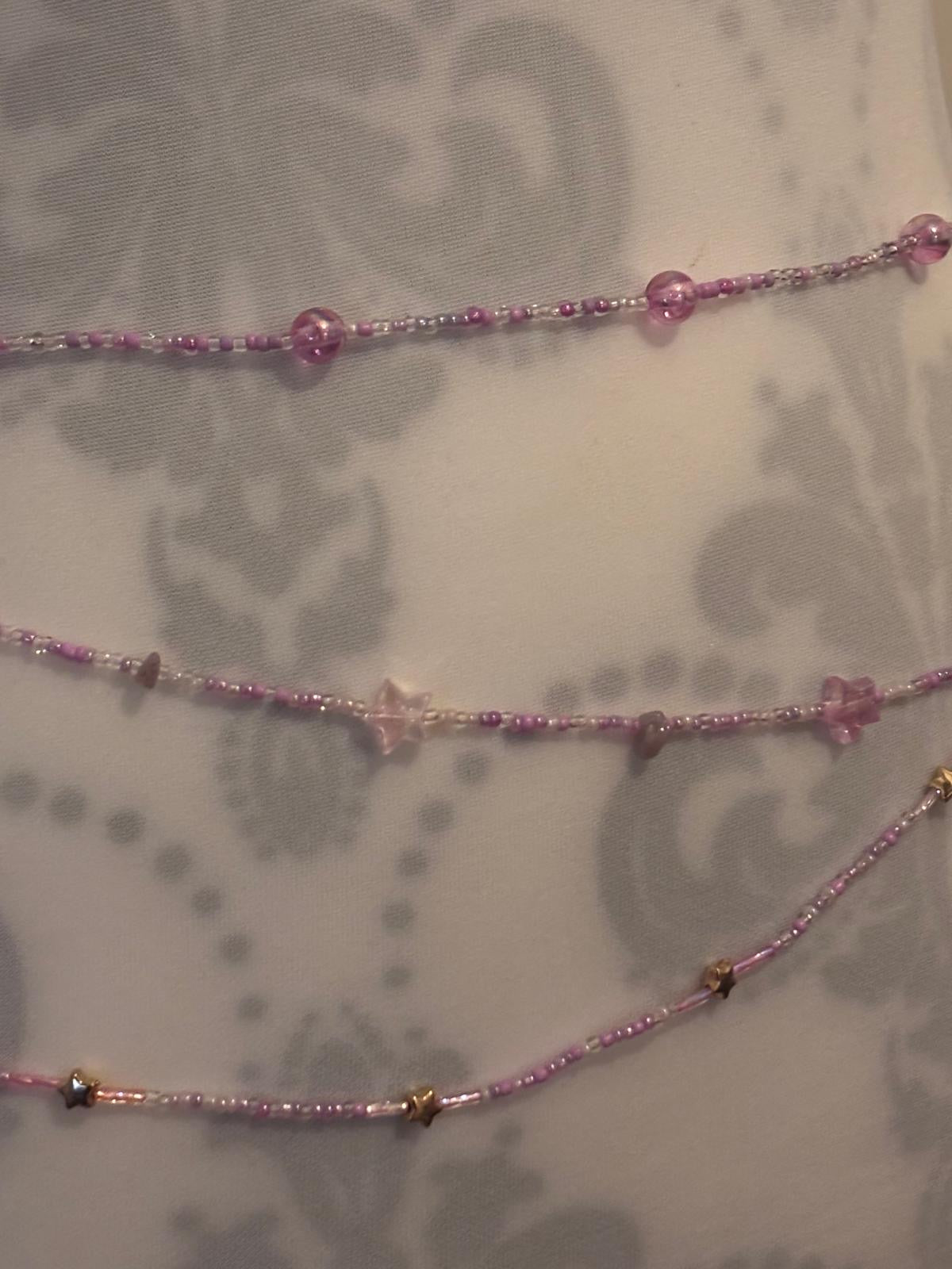 Handmade Amethyst Beaded Waist Chain: Gold Theme, Triple Layer (26inches)