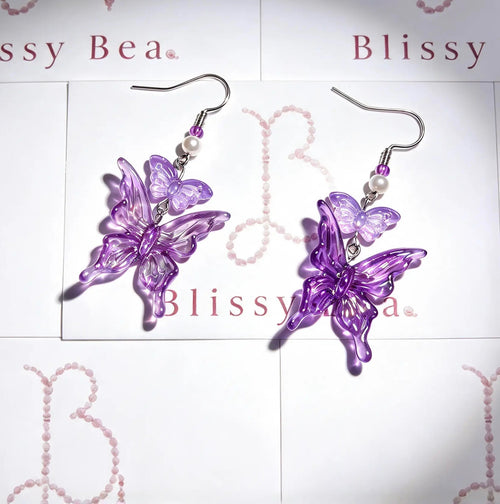 Blissy Bea Lilac Butterfly Drop Earrings | Iridescent Acrylic Butterfly & Pearl | Silver-Tone Hook | Fairycore Jewellery