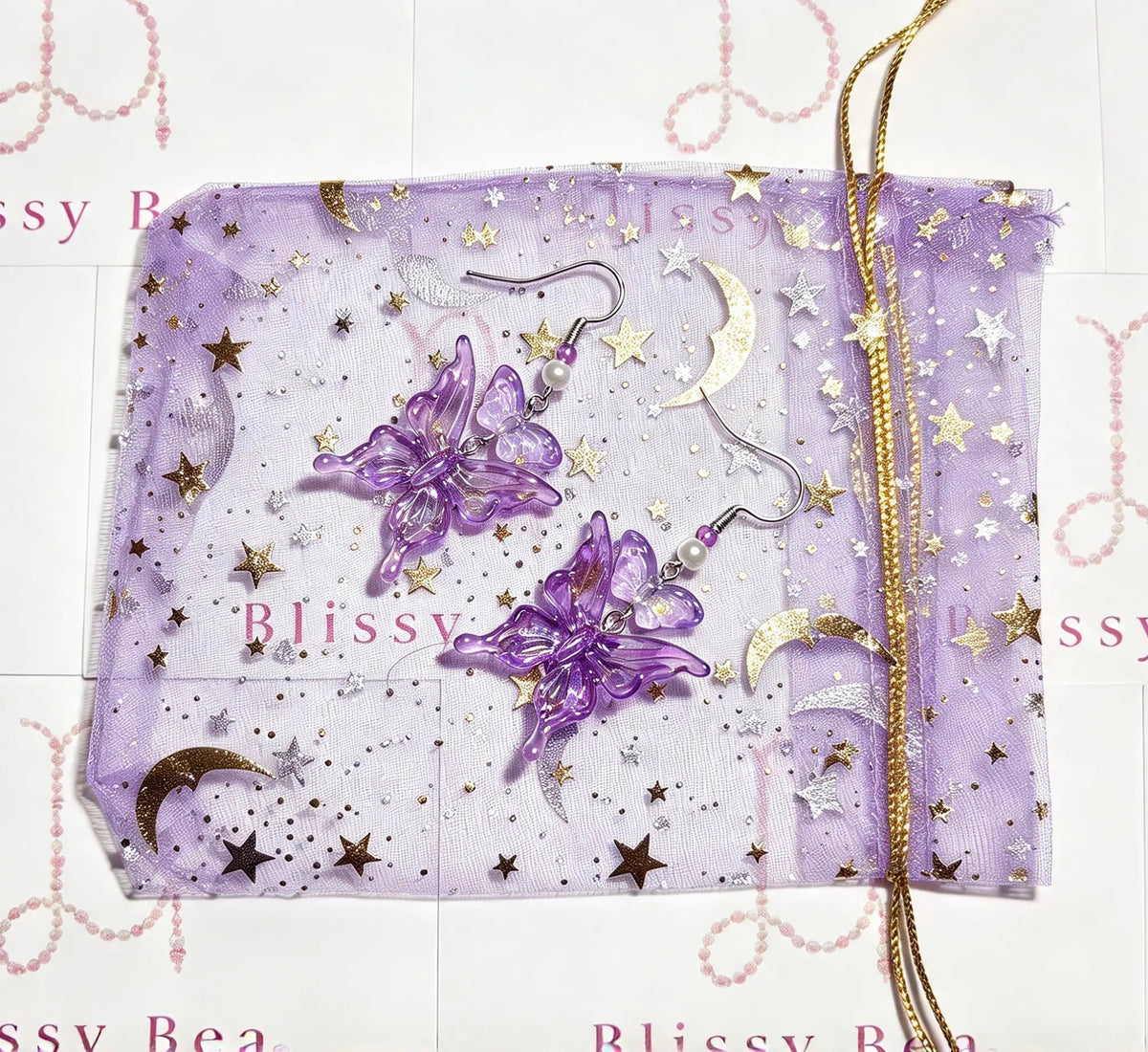 Blissy Bea Lilac Butterfly Drop Earrings | Iridescent Acrylic Butterfly & Pearl | Silver-Tone Hook | Fairycore Jewellery