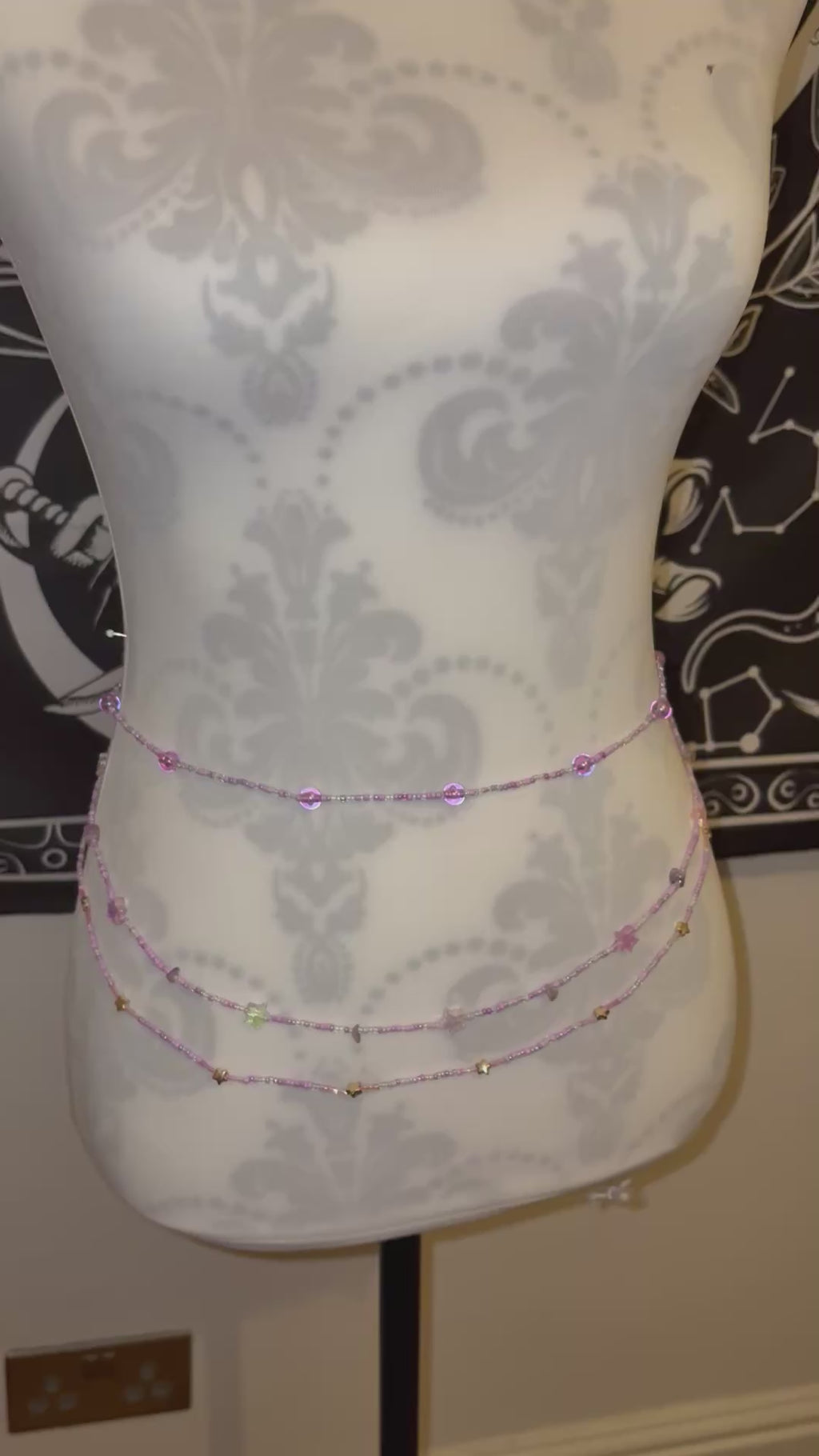Handmade Amethyst Beaded Waist Chain: Gold Theme, Triple Layer (26inches)